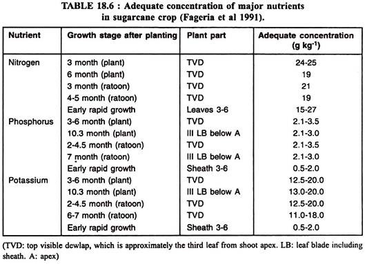 Adequate Concentration of Major Nutrients in Sugarcane Crop